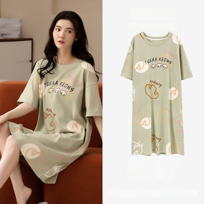 Ženska pamučna noćna haljina – kratki rukavi, okrugli izrez, srednja duljina, prozračno noćno rublje za ljeto