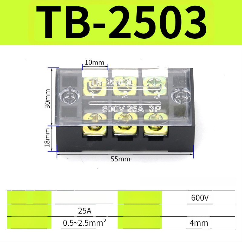 TB seeria terminaliblokk, kaabliühendaja, 15/25/45A, 3/4/6/10/12 positsiooni, fikseeritud jaotusblokk