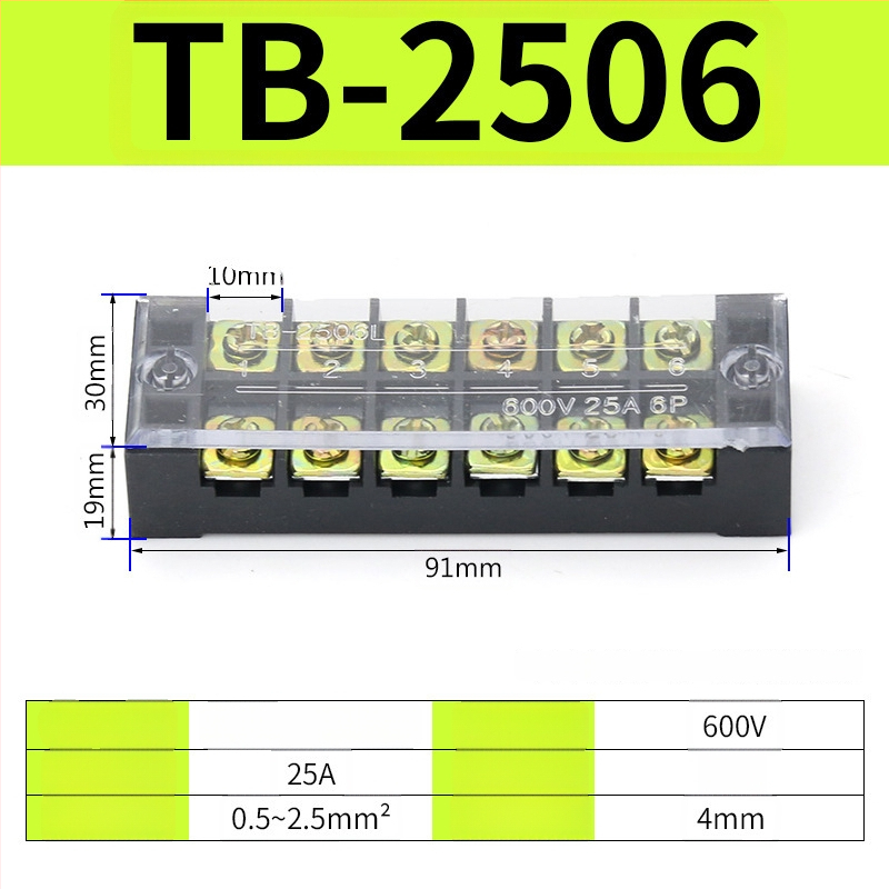 TB seeria terminaliblokk, kaabliühendaja, 15/25/45A, 3/4/6/10/12 positsiooni, fikseeritud jaotusblokk