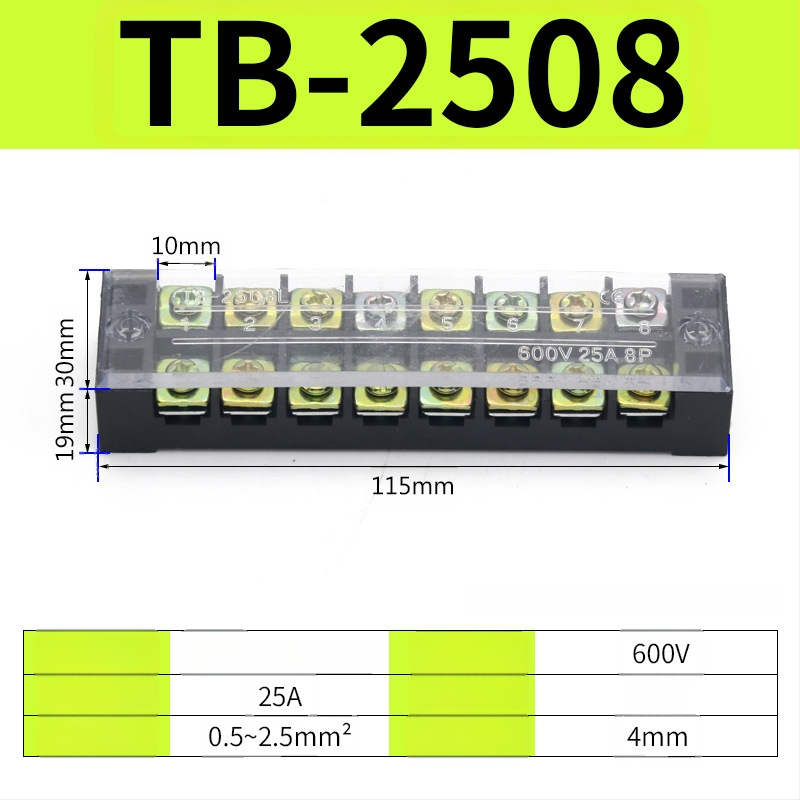 TB seeria terminaliblokk, kaabliühendaja, 15/25/45A, 3/4/6/10/12 positsiooni, fikseeritud jaotusblokk