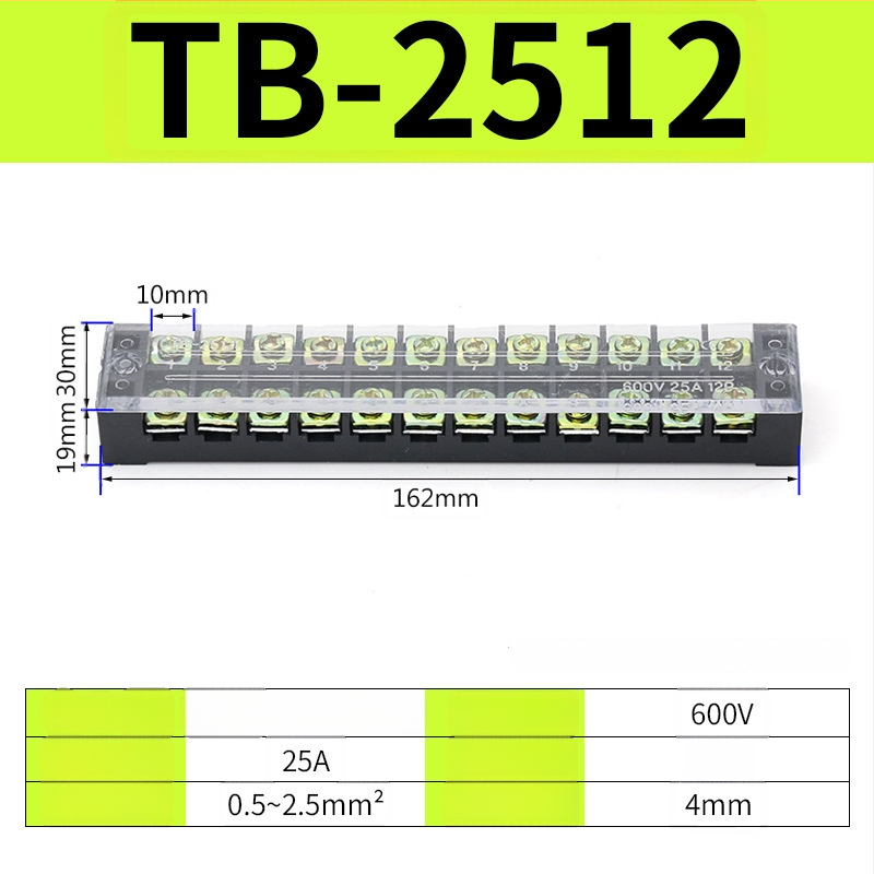 TB seeria terminaliblokk, kaabliühendaja, 15/25/45A, 3/4/6/10/12 positsiooni, fikseeritud jaotusblokk