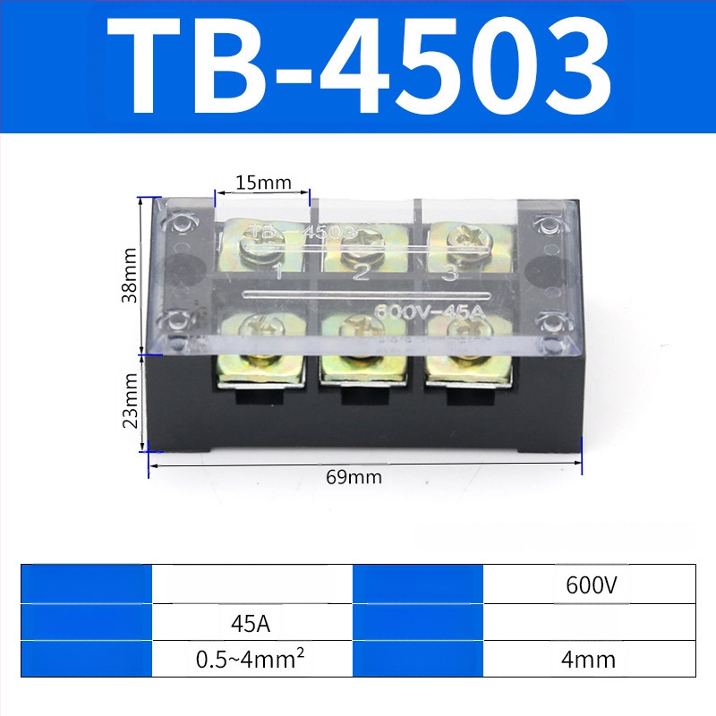 TB seeria terminaliblokk, kaabliühendaja, 15/25/45A, 3/4/6/10/12 positsiooni, fikseeritud jaotusblokk