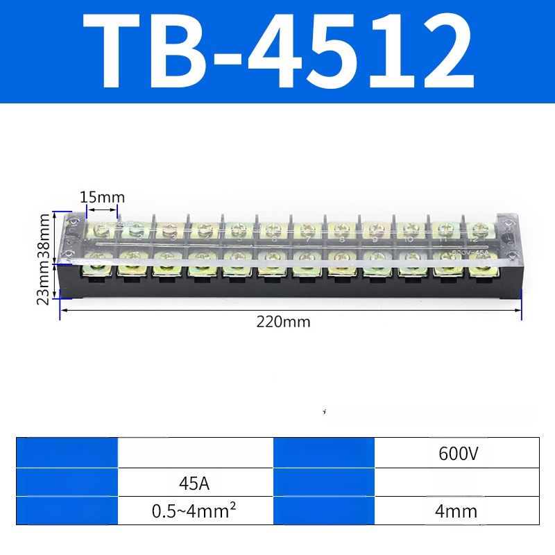TB seeria terminaliblokk, kaabliühendaja, 15/25/45A, 3/4/6/10/12 positsiooni, fikseeritud jaotusblokk