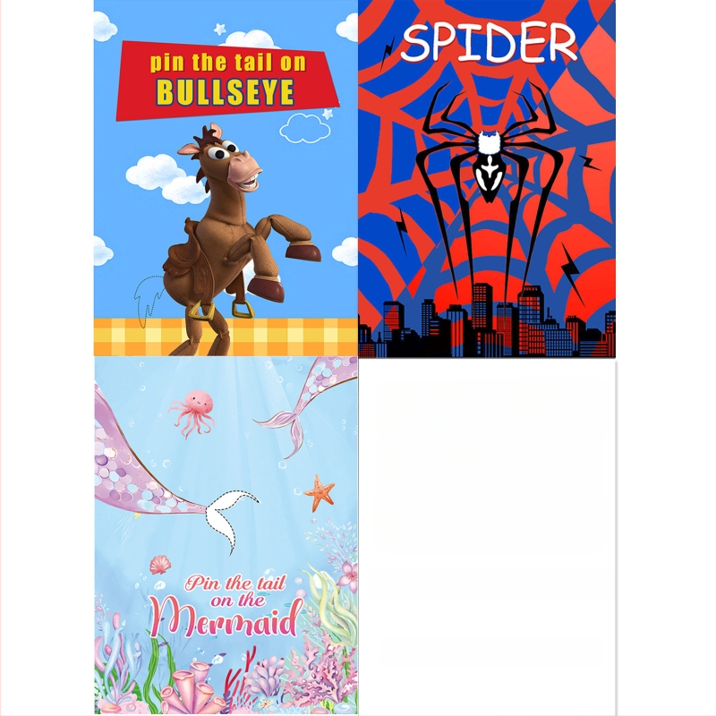 Vaikų vakarėlio plakatų rinkinys su akių užklojimo žaidimu, Monster Truck plakatas ir lipdukai; medžiaga: popierius; modelis: miesto herojus plakatas; stilius: piešinių stilius ir vakarėlis; tema: Little Spider