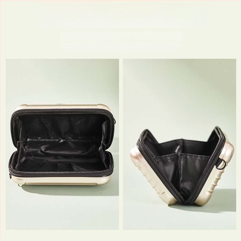 Kosmetinė rankinė su tvirtu korpusu iš ABS+PC, atspari vandeniui ir skalbiama, su užtrauktuko kišene, talpa mažiau nei 20 l.