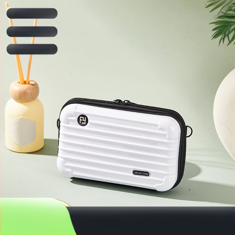 Kosmetinė rankinė su tvirtu korpusu iš ABS+PC, atspari vandeniui ir skalbiama, su užtrauktuko kišene, talpa mažiau nei 20 l.