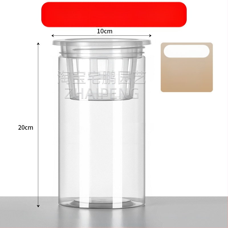 Caurspīdīgs plastmasas cilindrisks hydroponiskais pods sēklām un maziem augiem, stāvošs uz grīdas ar stādīšanas grozu, domāts mājas un dārza lietošanai