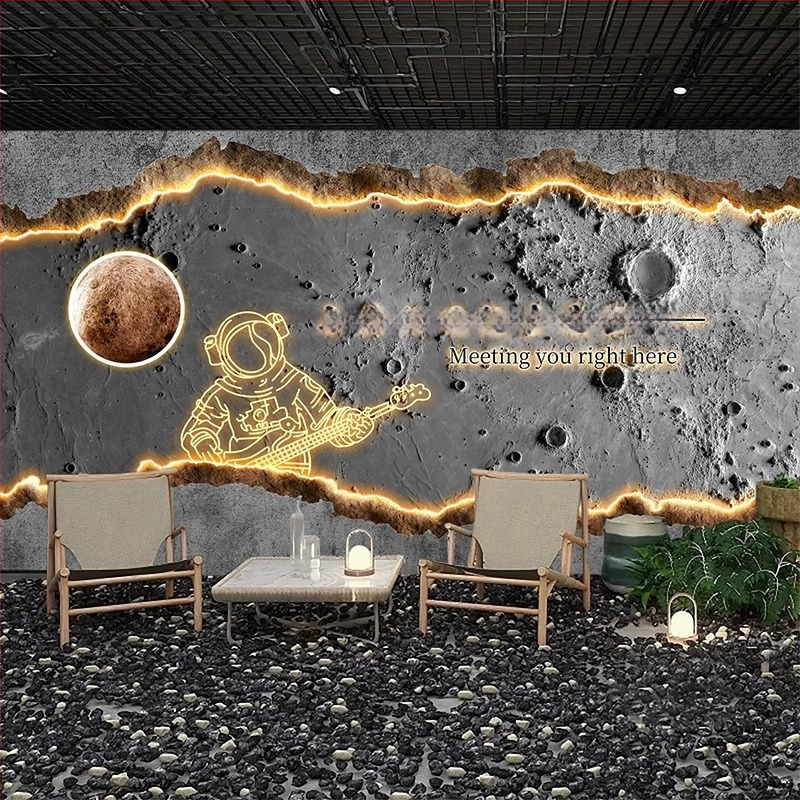 Тапет 3D релеф на лунната повърхност - индустриален стил със звездно небе, устойчив на петна, химическо влакно, 3-слойна основа