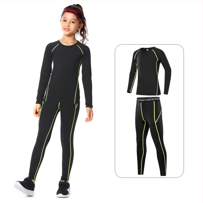 Vaikų sportinis bodžio komplektas – greitai džiūstantis, kvėpuojantis, ilgomis rankovėmis, apvalus kaklo iškirpimas, spandekso audinys su pieno šilko pamušalu