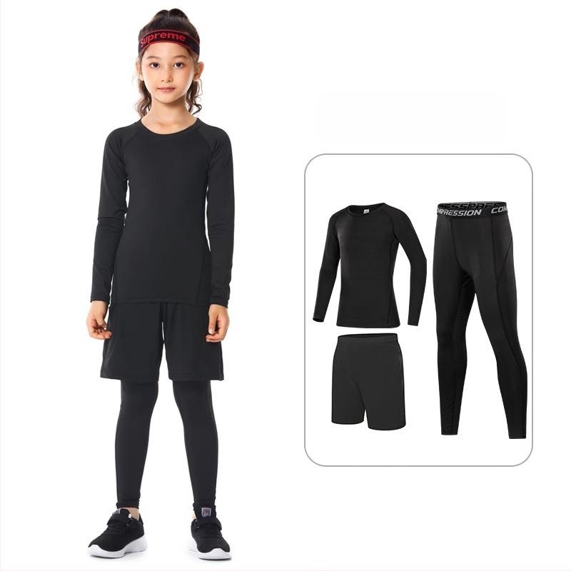 Vaikų sportinis bodžio komplektas – greitai džiūstantis, kvėpuojantis, ilgomis rankovėmis, apvalus kaklo iškirpimas, spandekso audinys su pieno šilko pamušalu