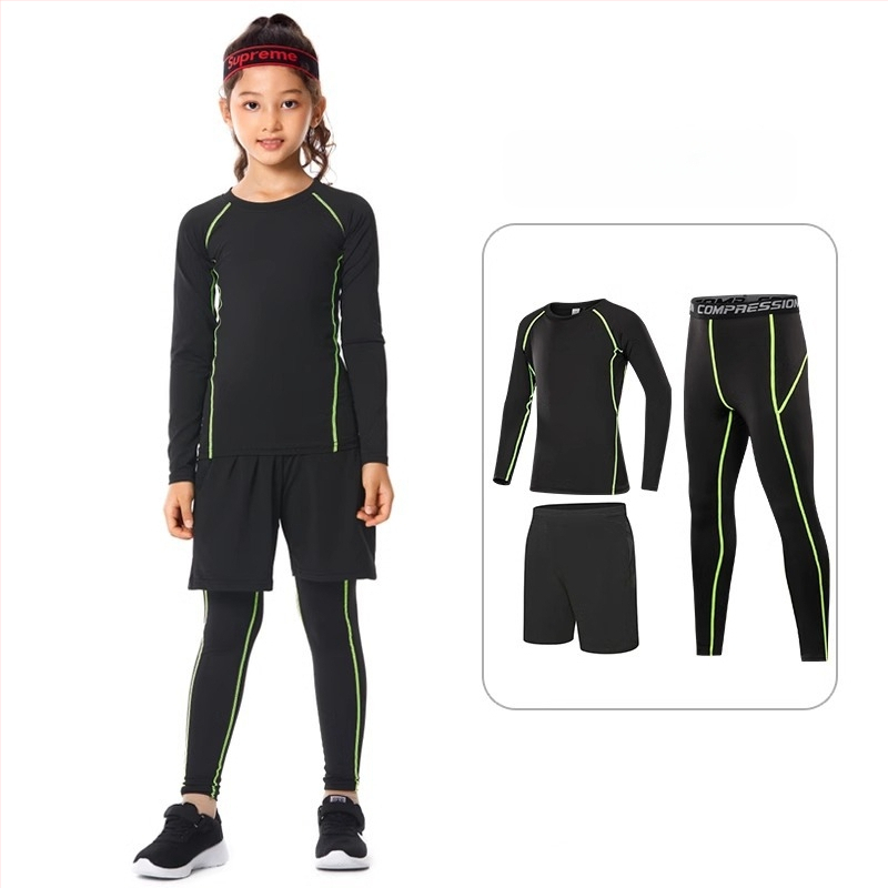 Vaikų sportinis bodžio komplektas – greitai džiūstantis, kvėpuojantis, ilgomis rankovėmis, apvalus kaklo iškirpimas, spandekso audinys su pieno šilko pamušalu