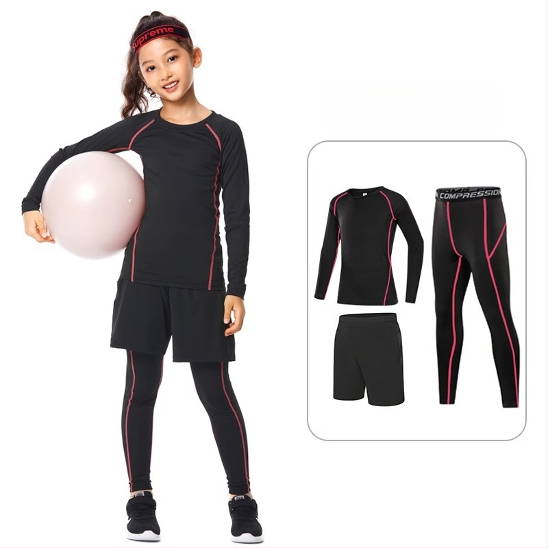 Vaikų sportinis bodžio komplektas – greitai džiūstantis, kvėpuojantis, ilgomis rankovėmis, apvalus kaklo iškirpimas, spandekso audinys su pieno šilko pamušalu