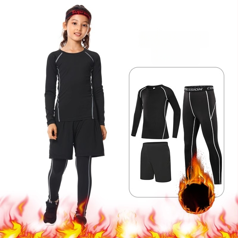 Vaikų sportinis bodžio komplektas – greitai džiūstantis, kvėpuojantis, ilgomis rankovėmis, apvalus kaklo iškirpimas, spandekso audinys su pieno šilko pamušalu