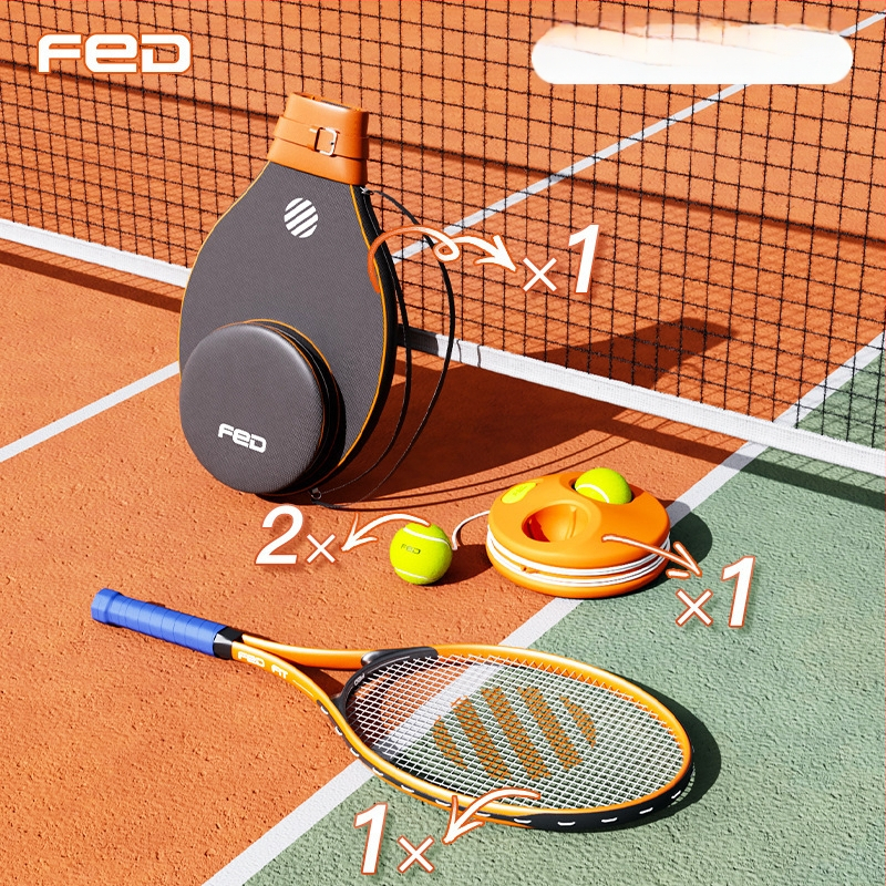 FED teniso raketė su aliuminio lydinio rėmu, nailono stygos, tiesus smūgis, svoris 95–100 g, rankenos G2