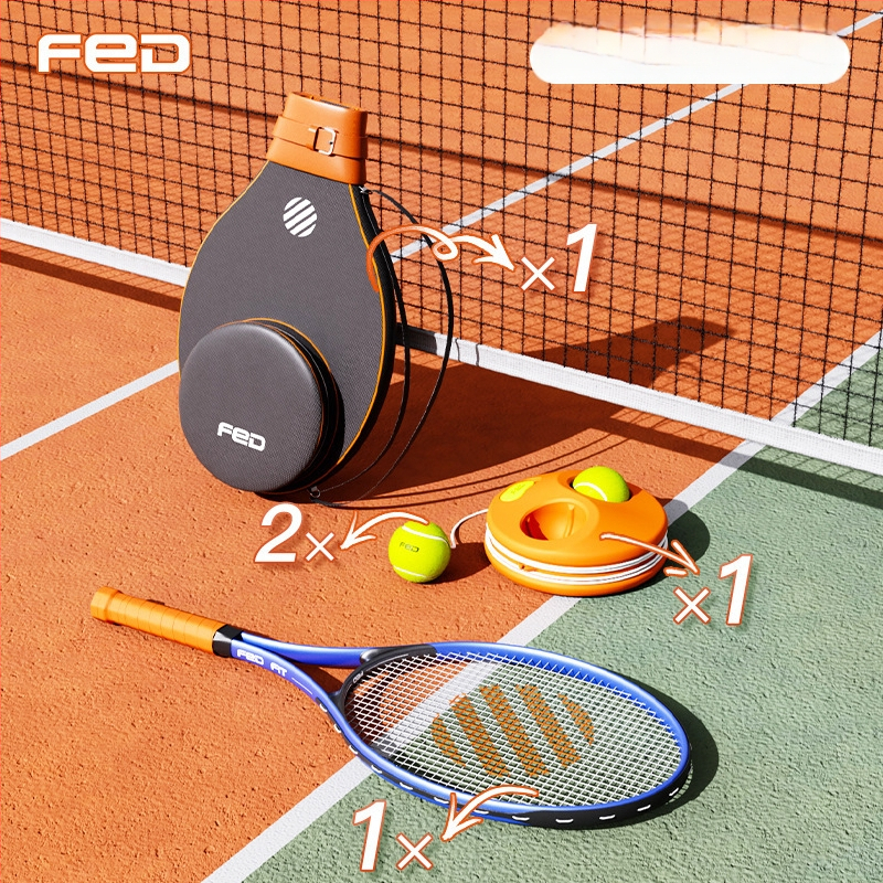 FED teniso raketė su aliuminio lydinio rėmu, nailono stygos, tiesus smūgis, svoris 95–100 g, rankenos G2