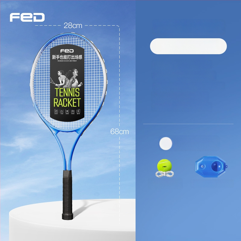 FED teniso raketė su aliuminio lydinio rėmu, nailono stygos, tiesus smūgis, svoris 95–100 g, rankenos G2