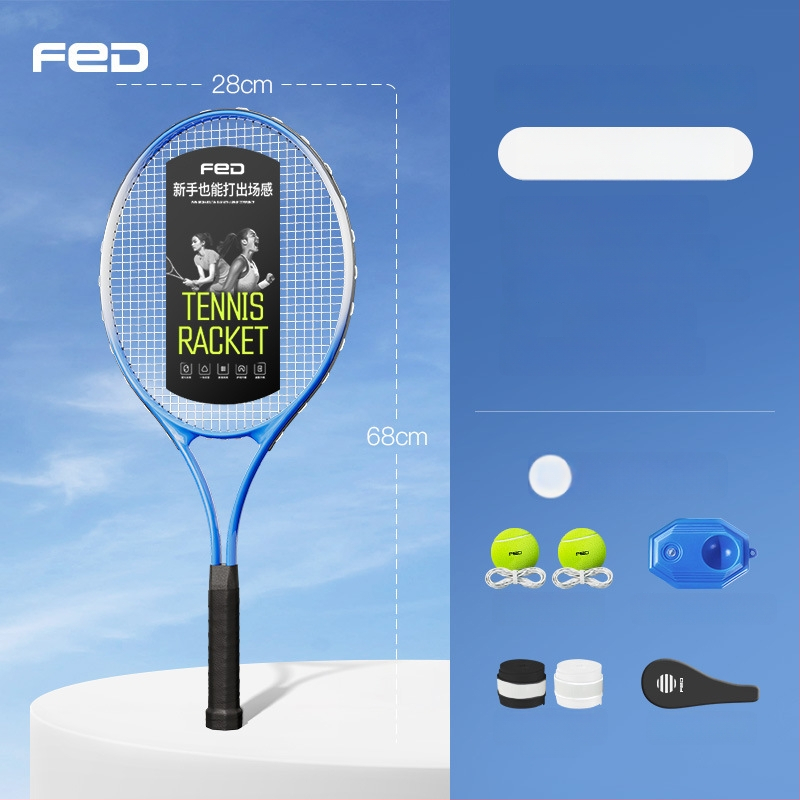 FED teniso raketė su aliuminio lydinio rėmu, nailono stygos, tiesus smūgis, svoris 95–100 g, rankenos G2
