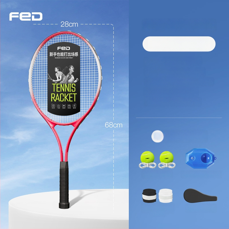 FED teniso raketė su aliuminio lydinio rėmu, nailono stygos, tiesus smūgis, svoris 95–100 g, rankenos G2