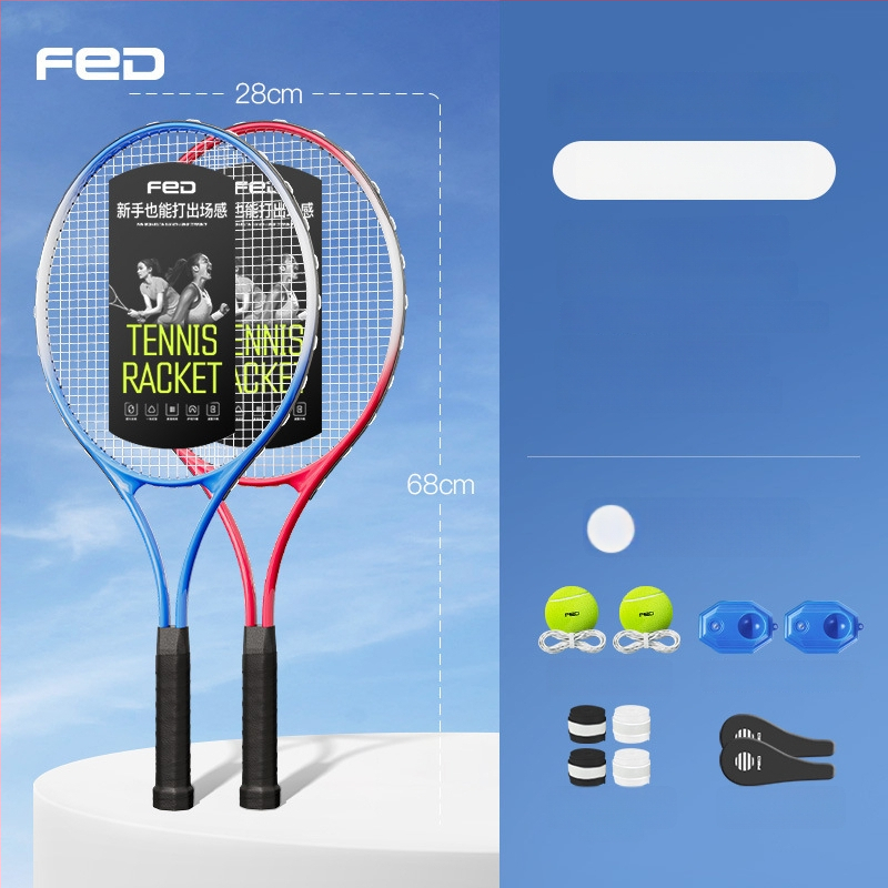 FED teniso raketė su aliuminio lydinio rėmu, nailono stygos, tiesus smūgis, svoris 95–100 g, rankenos G2