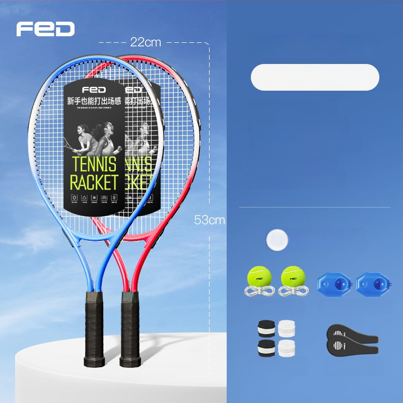 FED teniso raketė su aliuminio lydinio rėmu, nailono stygos, tiesus smūgis, svoris 95–100 g, rankenos G2