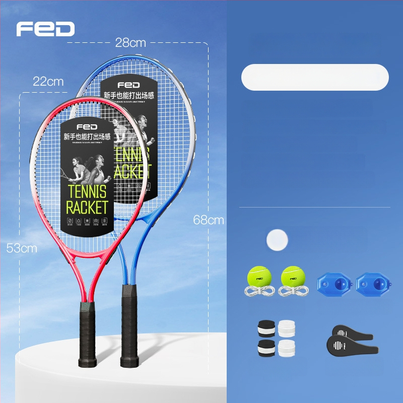 FED teniso raketė su aliuminio lydinio rėmu, nailono stygos, tiesus smūgis, svoris 95–100 g, rankenos G2