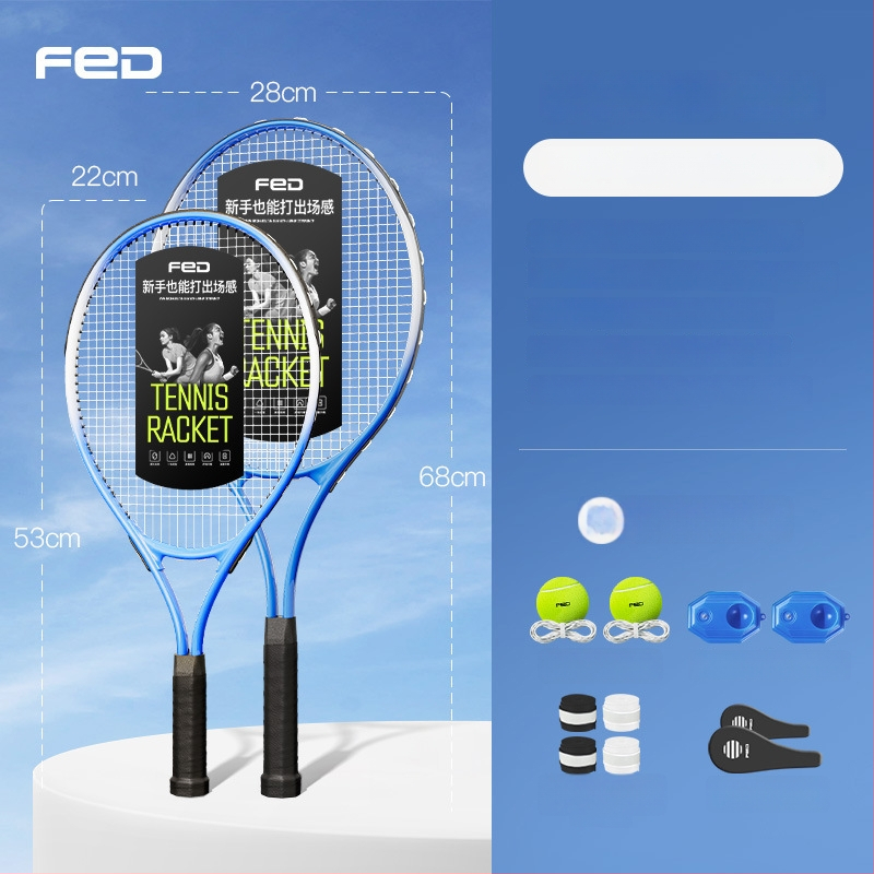 FED teniso raketė su aliuminio lydinio rėmu, nailono stygos, tiesus smūgis, svoris 95–100 g, rankenos G2