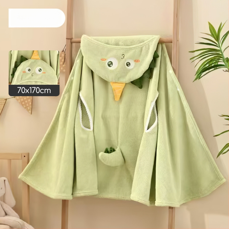 Vaikų nešiojamas vonios chalatas iš coral fleece, sugeria vandenį ir greitai džiūsta, audinio svoris 100–120 g/m², tinkamas plaukiojimui ir maudynėms