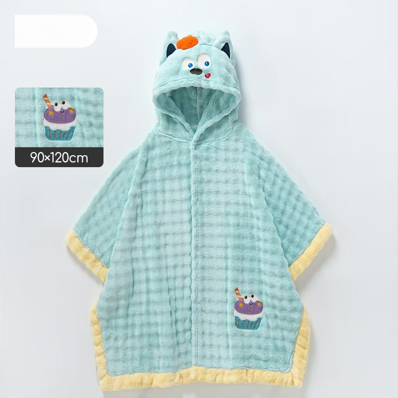 Vaikų nešiojamas vonios chalatas iš coral fleece, sugeria vandenį ir greitai džiūsta, audinio svoris 100–120 g/m², tinkamas plaukiojimui ir maudynėms