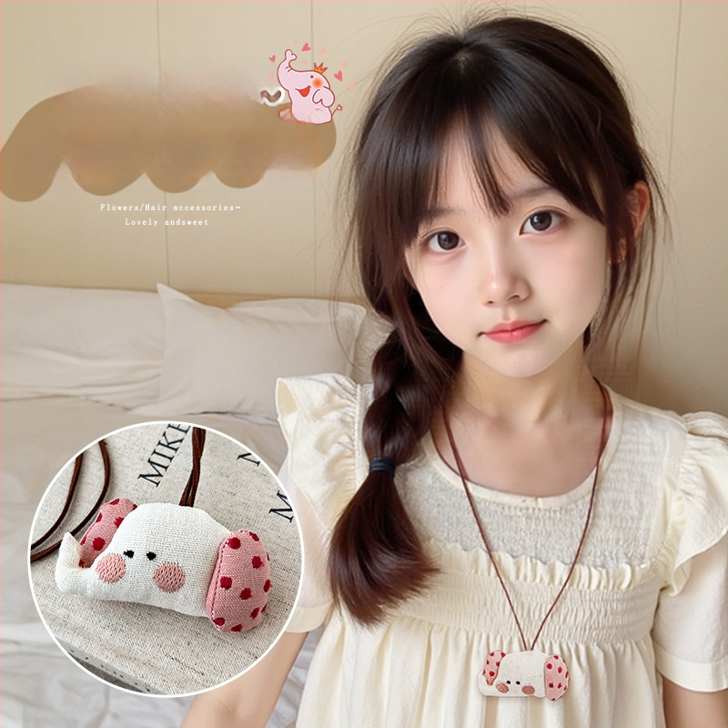 Vaikų karoliai su 3D kiškiuko karikatūra ir mažuoju obuolio pakabuku, audinio pakabukas, išplėstinis grandinės ilgis 11 cm+, amžiaus grupė 3–10 metų