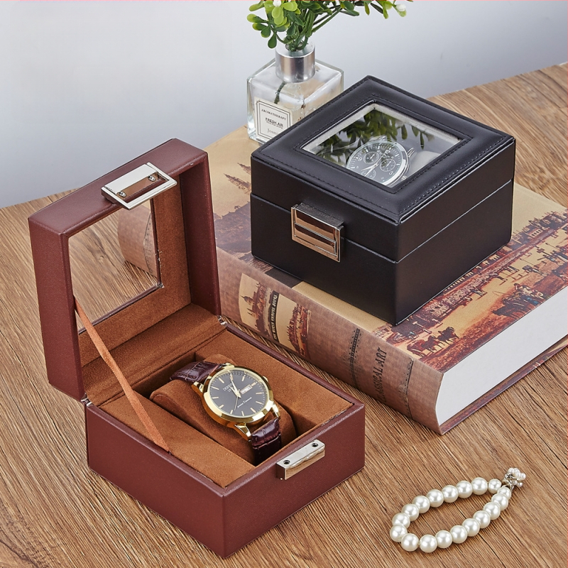 Bőr óratároló doboz 1 rekesz, átlátszó fedéllel, otthoni használatra, súly 246 g