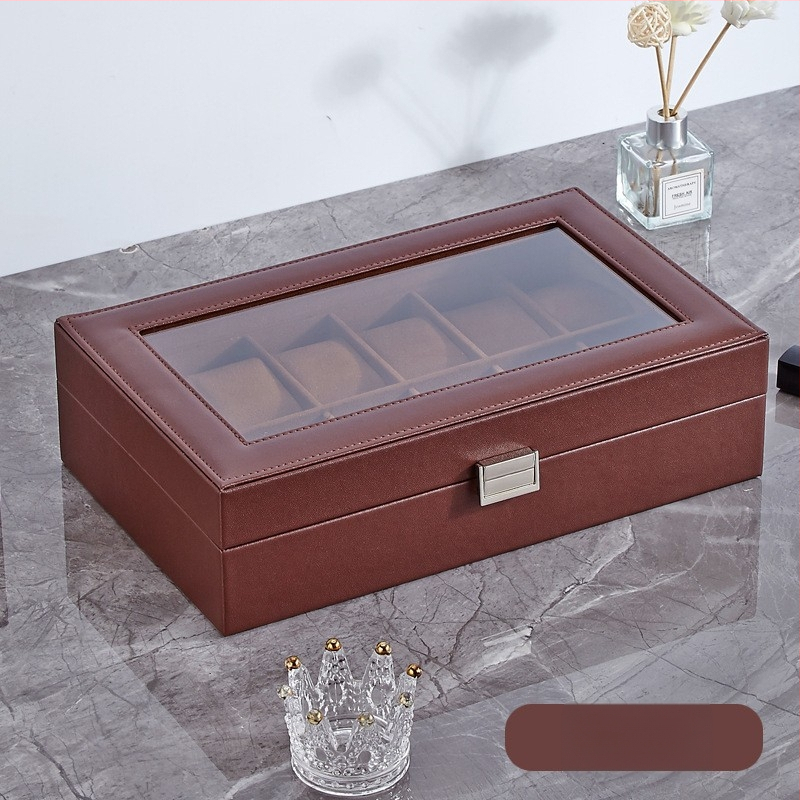 Bőr óratároló doboz 1 rekesz, átlátszó fedéllel, otthoni használatra, súly 246 g