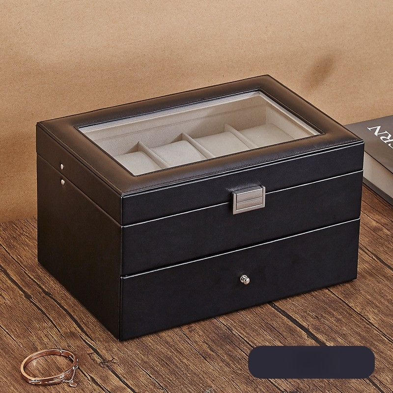 Bőr óratároló doboz 1 rekesz, átlátszó fedéllel, otthoni használatra, súly 246 g