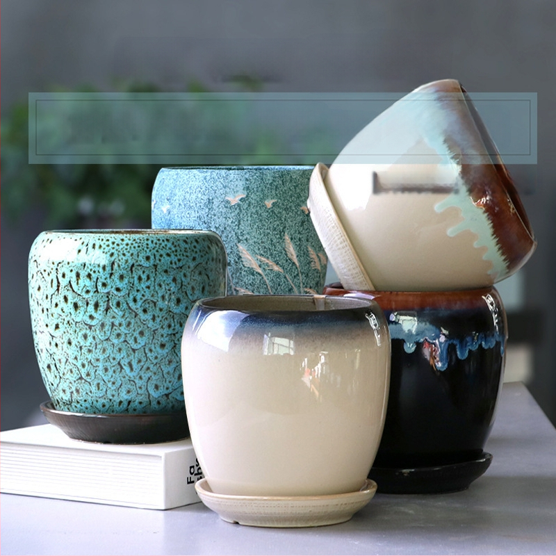 Keramikas puķu pods ar paliktni, olu formā, vienkāršs stils, stāvošs uz grīdas, piemērots mājas un dārza audzēšanai