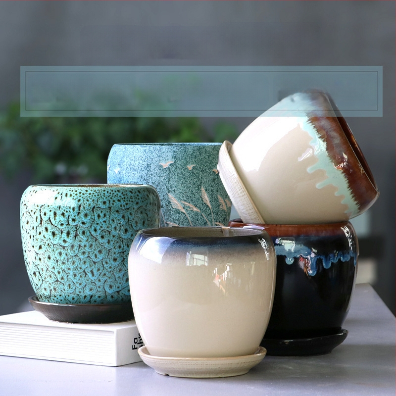 Keramikas puķu pods ar paliktni, olu formā, vienkāršs stils, stāvošs uz grīdas, piemērots mājas un dārza audzēšanai