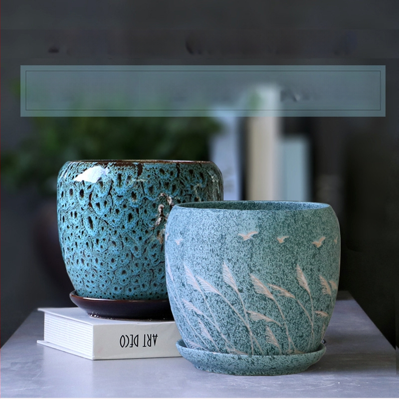 Keramikas puķu pods ar paliktni, olu formā, vienkāršs stils, stāvošs uz grīdas, piemērots mājas un dārza audzēšanai