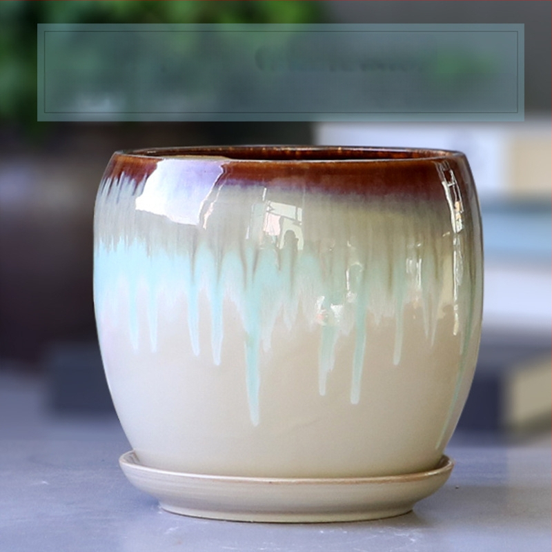 Keramikas puķu pods ar paliktni, olu formā, vienkāršs stils, stāvošs uz grīdas, piemērots mājas un dārza audzēšanai