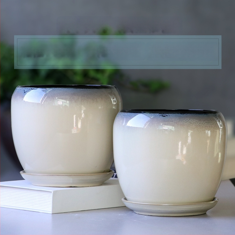 Keramikas puķu pods ar paliktni, olu formā, vienkāršs stils, stāvošs uz grīdas, piemērots mājas un dārza audzēšanai