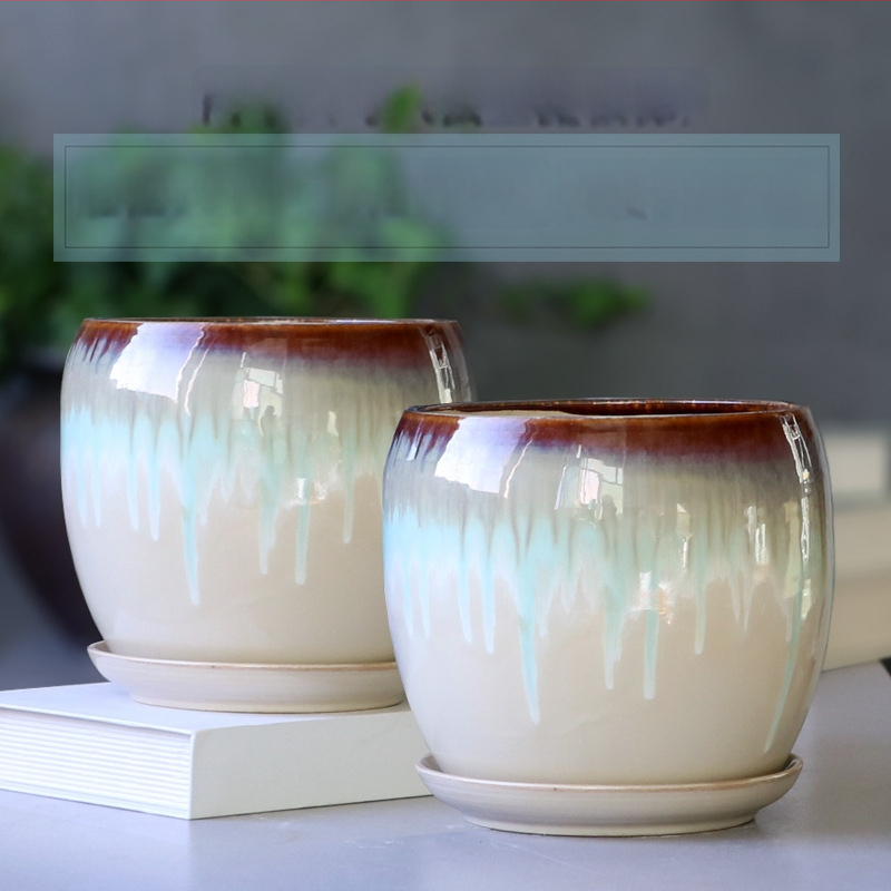 Keramikas puķu pods ar paliktni, olu formā, vienkāršs stils, stāvošs uz grīdas, piemērots mājas un dārza audzēšanai