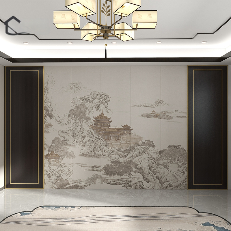 Fali borítás – selyem, anti-szennyeződés, 3-szintű kompozíció, Új kínai stílus, hímzett tájkép virágokkal és madarakkal