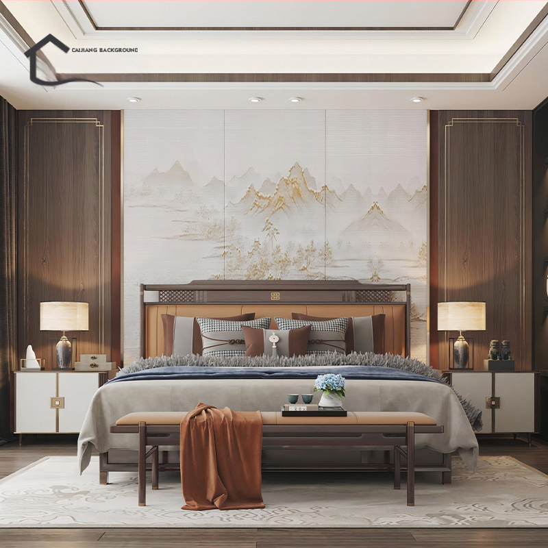 Fali borítás – selyem, anti-szennyeződés, 3-szintű kompozíció, Új kínai stílus, hímzett tájkép virágokkal és madarakkal