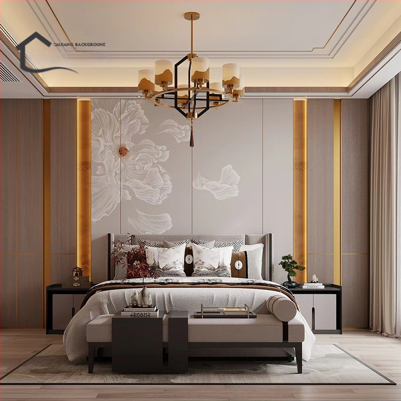 Fali borítás – selyem, anti-szennyeződés, 3-szintű kompozíció, Új kínai stílus, hímzett tájkép virágokkal és madarakkal