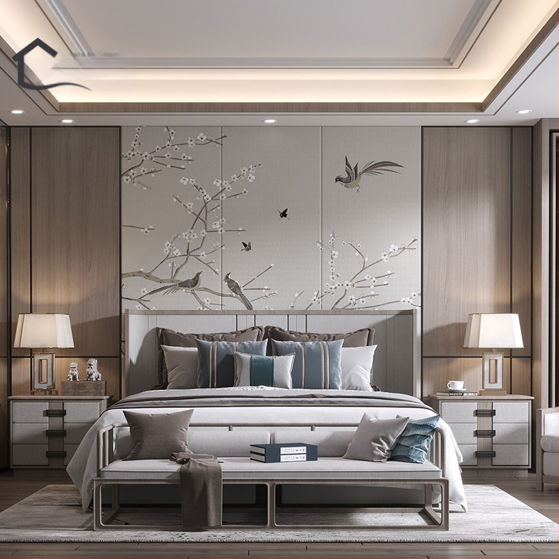 Fali borítás – selyem, anti-szennyeződés, 3-szintű kompozíció, Új kínai stílus, hímzett tájkép virágokkal és madarakkal