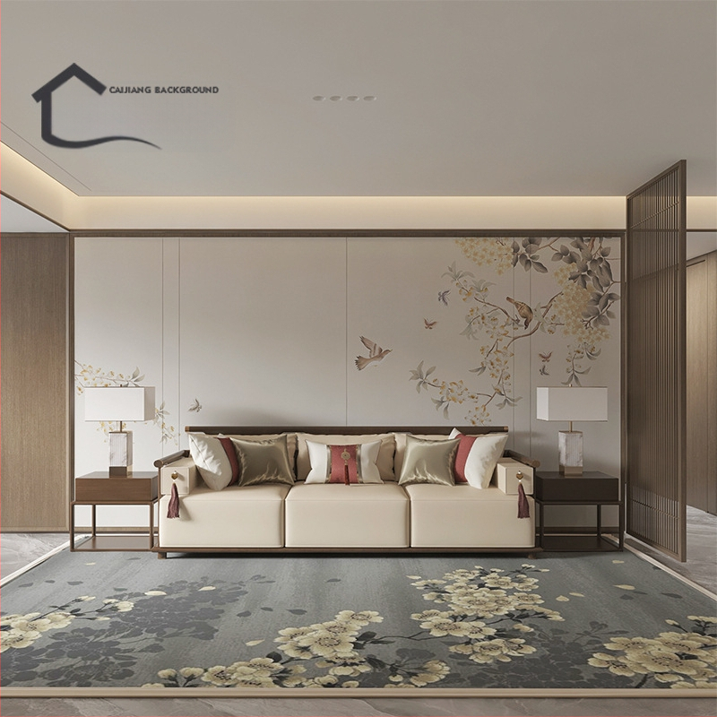 Fali borítás – selyem, anti-szennyeződés, 3-szintű kompozíció, Új kínai stílus, hímzett tájkép virágokkal és madarakkal