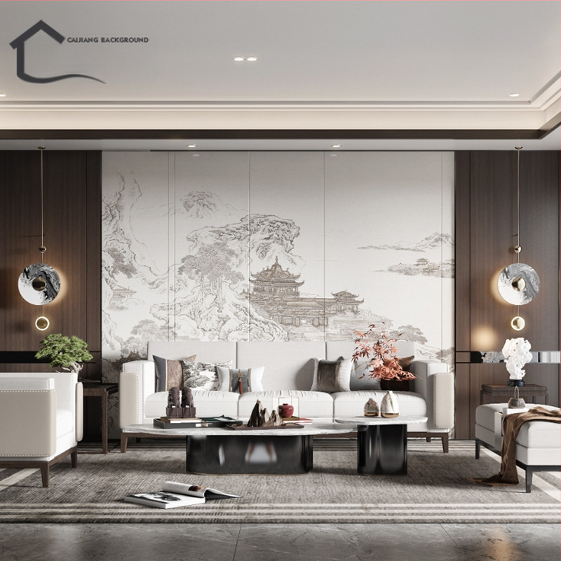 Fali borítás – selyem, anti-szennyeződés, 3-szintű kompozíció, Új kínai stílus, hímzett tájkép virágokkal és madarakkal