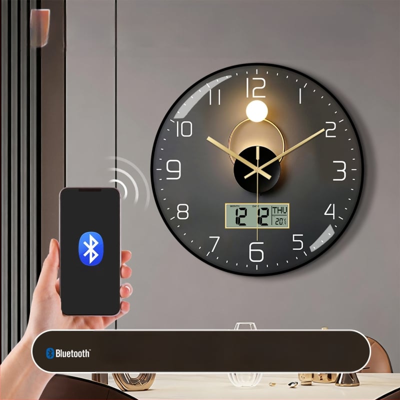 Ρολόι τοίχου Bluetooth με αυτόματο συγχρονισμό ώρας, LED/LCD αιώνιο ημερολόγιο, θερμόμετρο και ένδειξη ημέρας της εβδομάδας, στρογγυλό, μονοπλευρικό, τροφοδοτούμενο με μπαταρία, αναλογικό + ψηφιακό display
