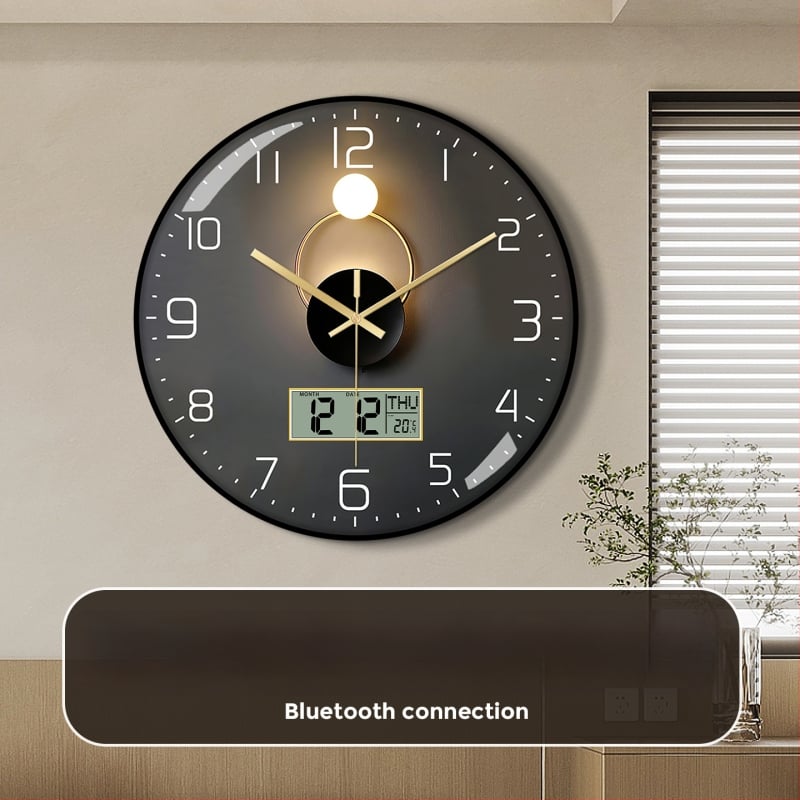 Ρολόι τοίχου Bluetooth με αυτόματο συγχρονισμό ώρας, LED/LCD αιώνιο ημερολόγιο, θερμόμετρο και ένδειξη ημέρας της εβδομάδας, στρογγυλό, μονοπλευρικό, τροφοδοτούμενο με μπαταρία, αναλογικό + ψηφιακό display