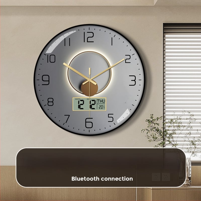 Ρολόι τοίχου Bluetooth με αυτόματο συγχρονισμό ώρας, LED/LCD αιώνιο ημερολόγιο, θερμόμετρο και ένδειξη ημέρας της εβδομάδας, στρογγυλό, μονοπλευρικό, τροφοδοτούμενο με μπαταρία, αναλογικό + ψηφιακό display