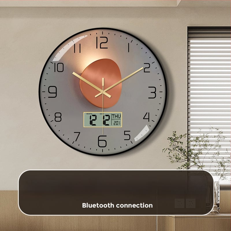 Ρολόι τοίχου Bluetooth με αυτόματο συγχρονισμό ώρας, LED/LCD αιώνιο ημερολόγιο, θερμόμετρο και ένδειξη ημέρας της εβδομάδας, στρογγυλό, μονοπλευρικό, τροφοδοτούμενο με μπαταρία, αναλογικό + ψηφιακό display