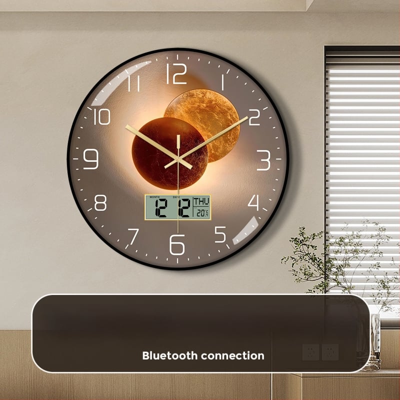 Ρολόι τοίχου Bluetooth με αυτόματο συγχρονισμό ώρας, LED/LCD αιώνιο ημερολόγιο, θερμόμετρο και ένδειξη ημέρας της εβδομάδας, στρογγυλό, μονοπλευρικό, τροφοδοτούμενο με μπαταρία, αναλογικό + ψηφιακό display