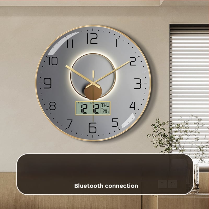 Ρολόι τοίχου Bluetooth με αυτόματο συγχρονισμό ώρας, LED/LCD αιώνιο ημερολόγιο, θερμόμετρο και ένδειξη ημέρας της εβδομάδας, στρογγυλό, μονοπλευρικό, τροφοδοτούμενο με μπαταρία, αναλογικό + ψηφιακό display